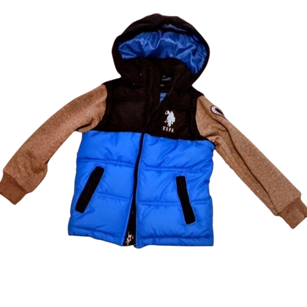 US Polo Assn. Blue Gray Black Hooded Puffer Vest Material Jacket SZ 7